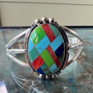 NAVAJO RB TURQUOISE RED CORAL LAPIS MOSIAC BRACELET Sterling SILVER